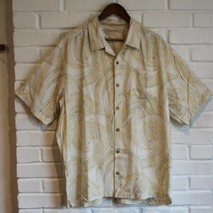 TOMMY BAHAMA 100% Silk Shirt yellow golden waves Hawaiian artsy Mens XL